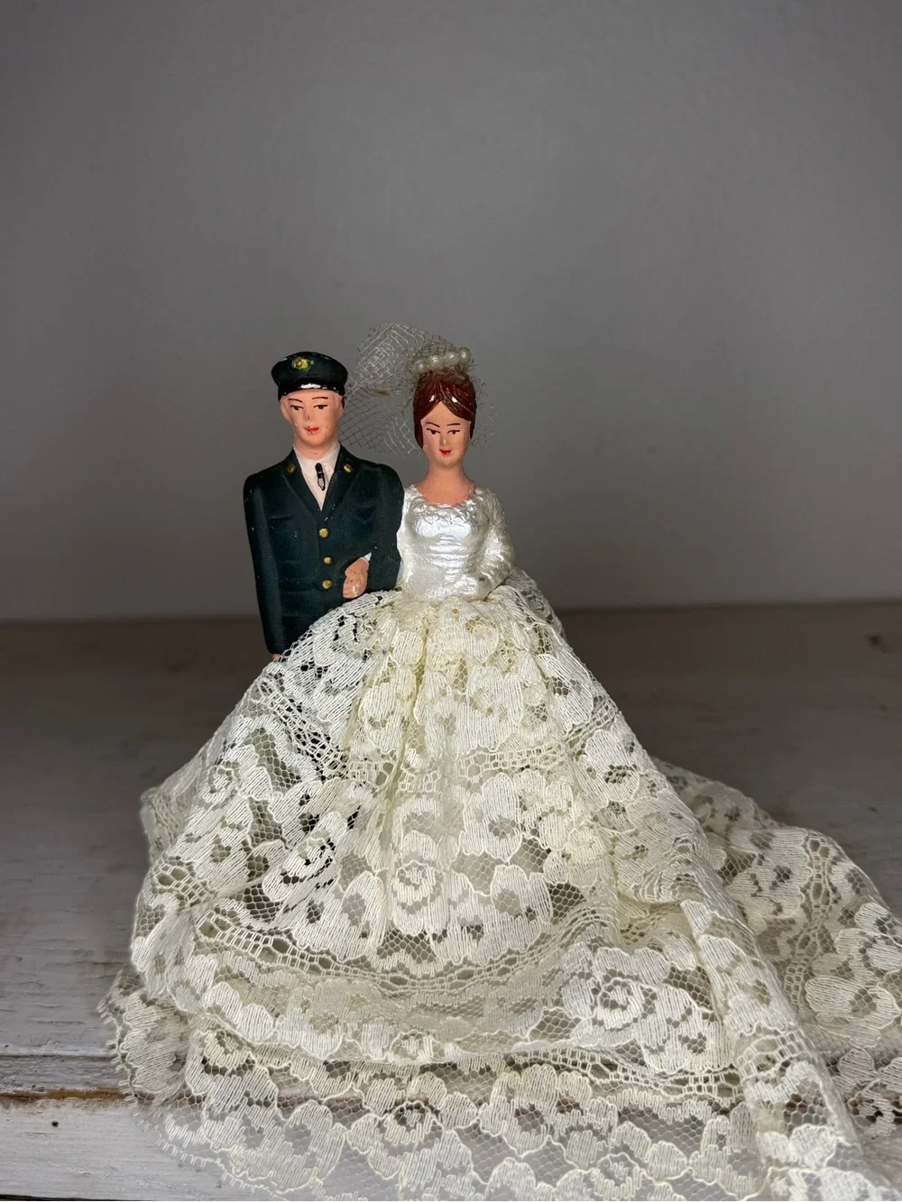Vintage Military Army Chalkware Bride & Groom Cake Topper Featuring Lace Dress